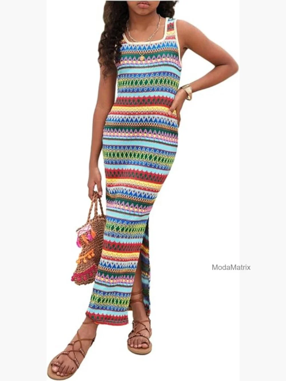 Girl's Boho Striped Sleeveless Square Neck Maxi Dress Casual